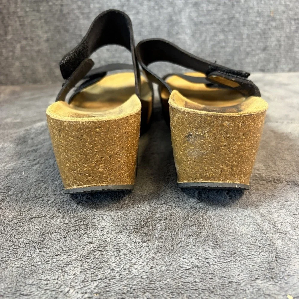Plakton Leather Wedge Sandals Womens 41 Black Platform Slide Cork Spain Comfort